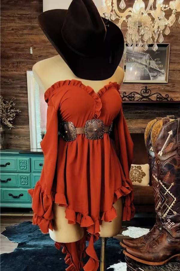 Rust Western Style Off-the-Shoulder Ruffle Corset Mini Dress