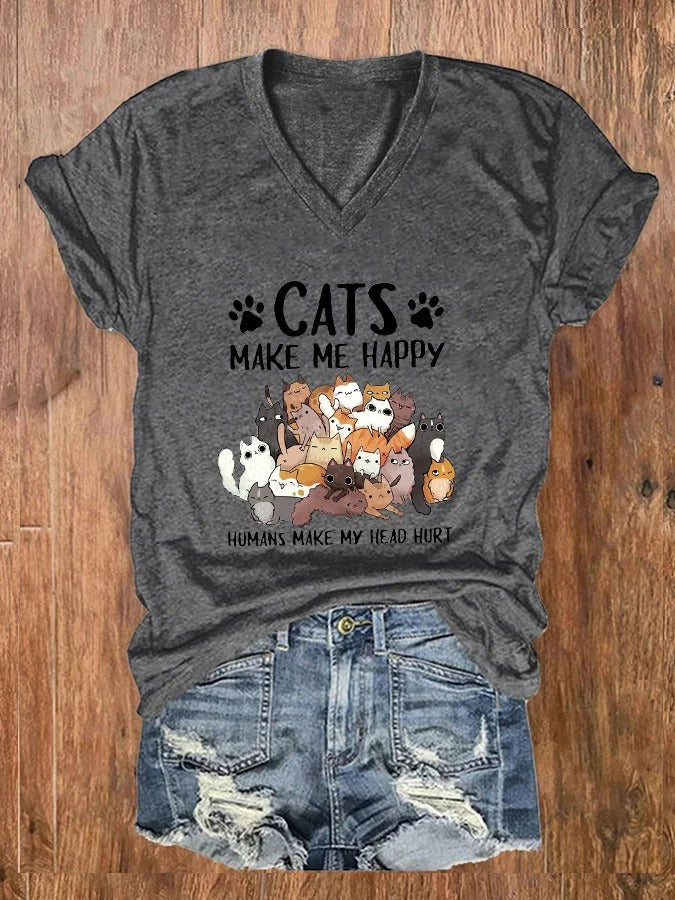 Women's Cats Make Me Happy Humans Make My Head Hurt Print V-Neck T-Shirt