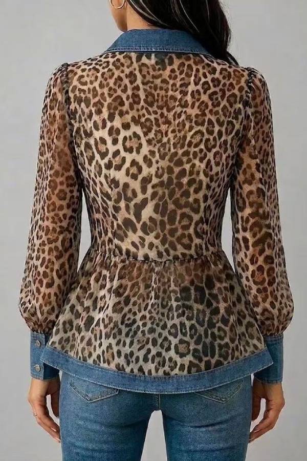 Leopard Print Chiffon Denim Patchwork Waist‑Tucked Shirt