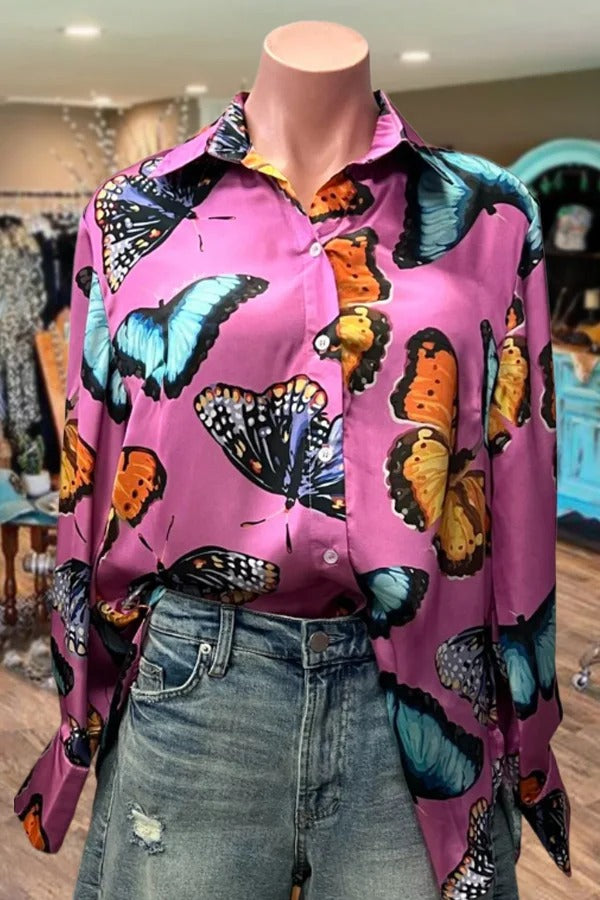 Colorful Butterfly Print Button Front Blouse