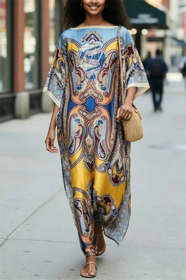 Luxury Vacation Satin Court-style Printed Batwing Sleeve Loose Kaftan Maxi Dress