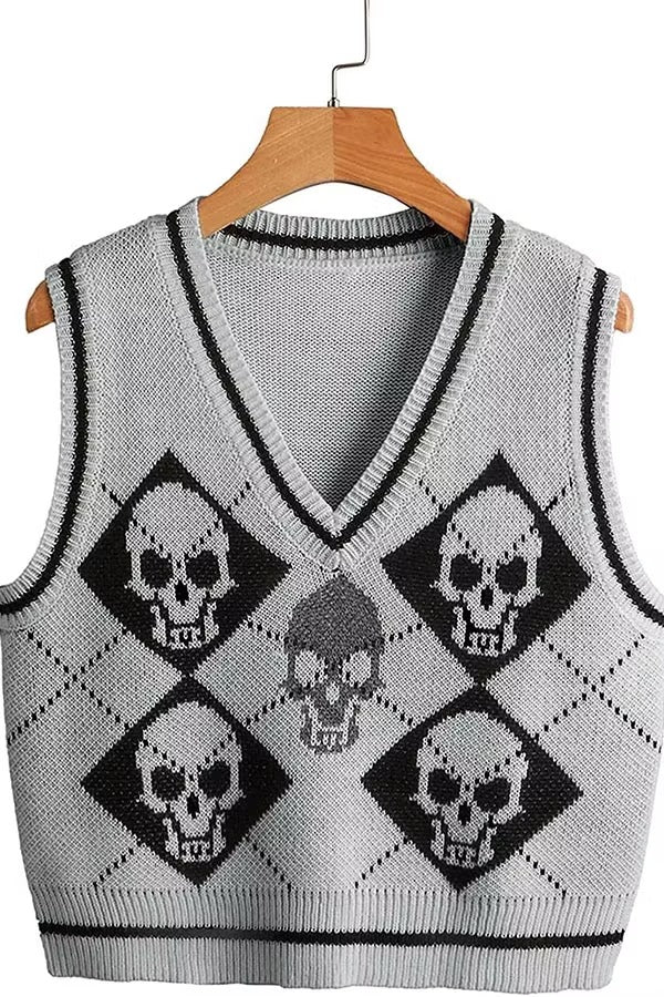 Halloween Skull Argyle Knit Sweater Vest