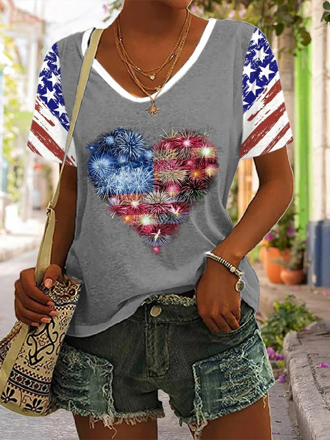 Women'S V-Neck Independence Day Vintage Flag Firework Print Casual T-Shirt