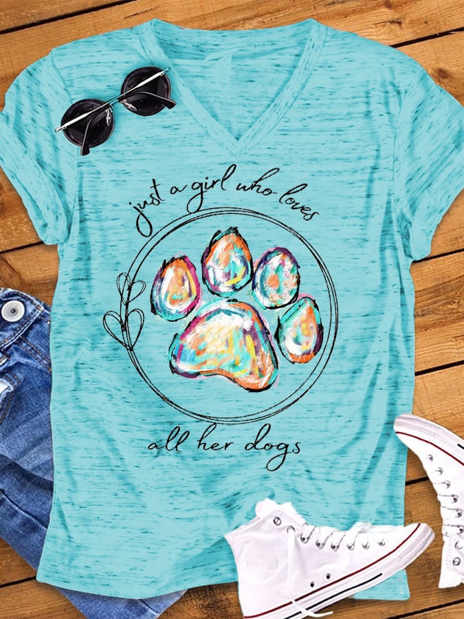 Women's Paws Just A Girl Who Loves All Her Dogs Print Snowflake Dot V-Neck T-Shirt