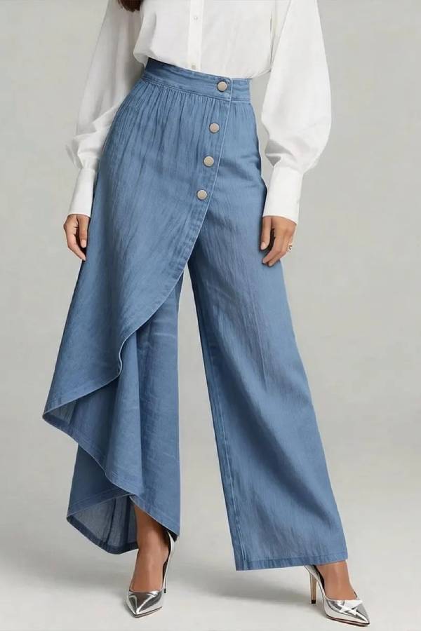 Asymmetric Overlay Button Wide‑Leg Culottes