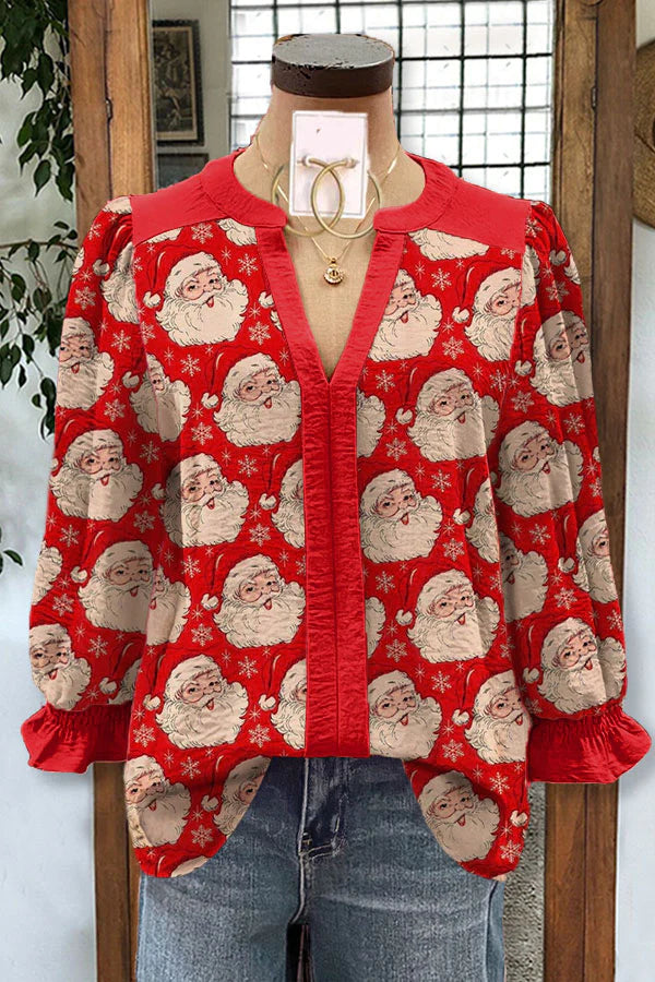 Christmas Print Contrast Color Panel V-neck Top