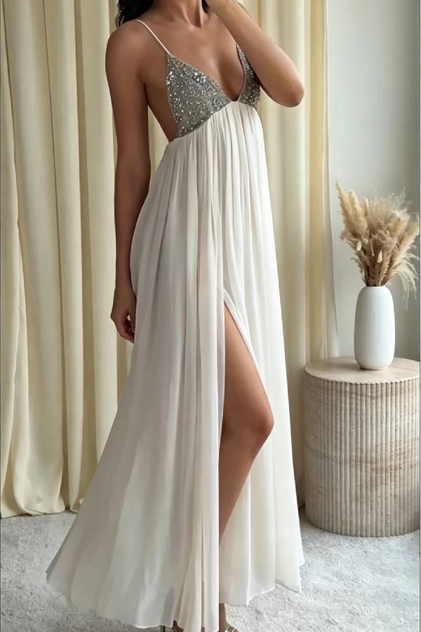 Ellie Contrast Bead Sequin Detail Flowy Chiffon Hem Slip Maxi Dress