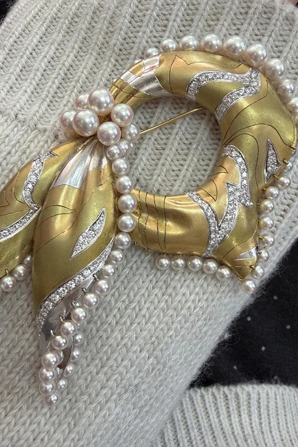 Vintage Silk Scarf and Shell Pearl Brooch