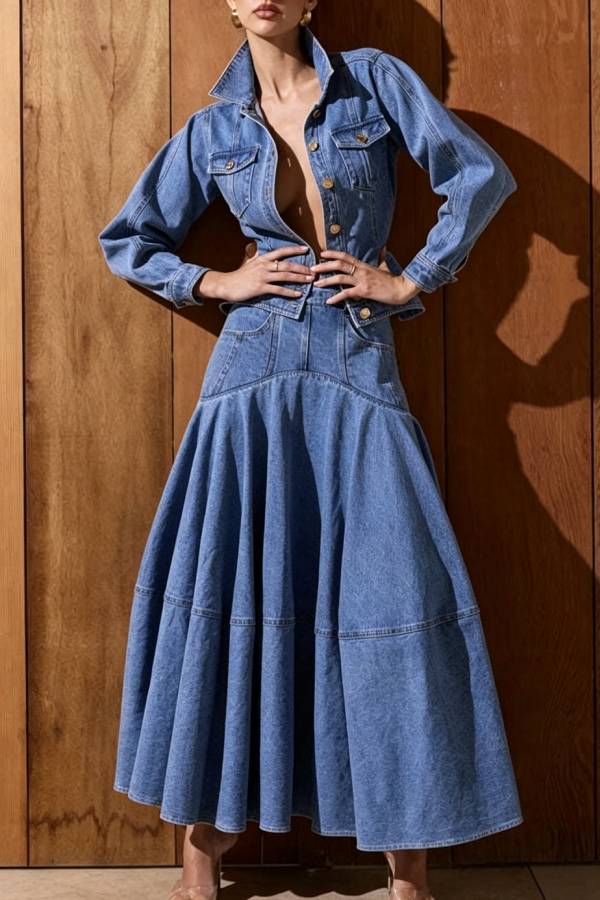 Isabella Denim Structured Cut Metal Buttons Stand High Neck Belted Long Sleeve Jacket