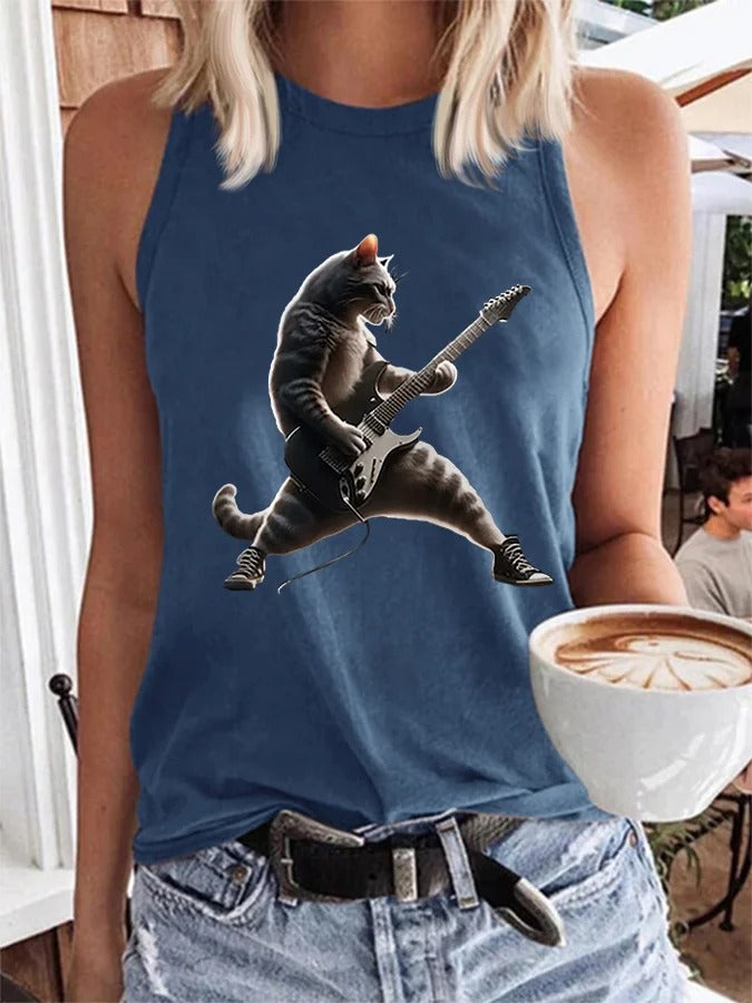 Women's Rock Cat Playing Guitar Casual Vest