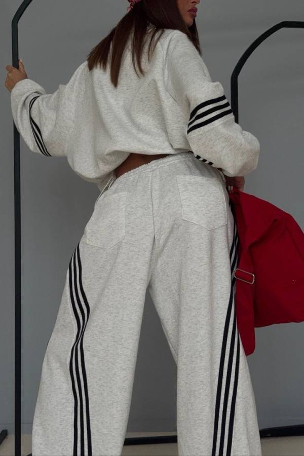 Side Stripe Cropped Zip Sweatshirt Wide Leg Pants Two Piece Set