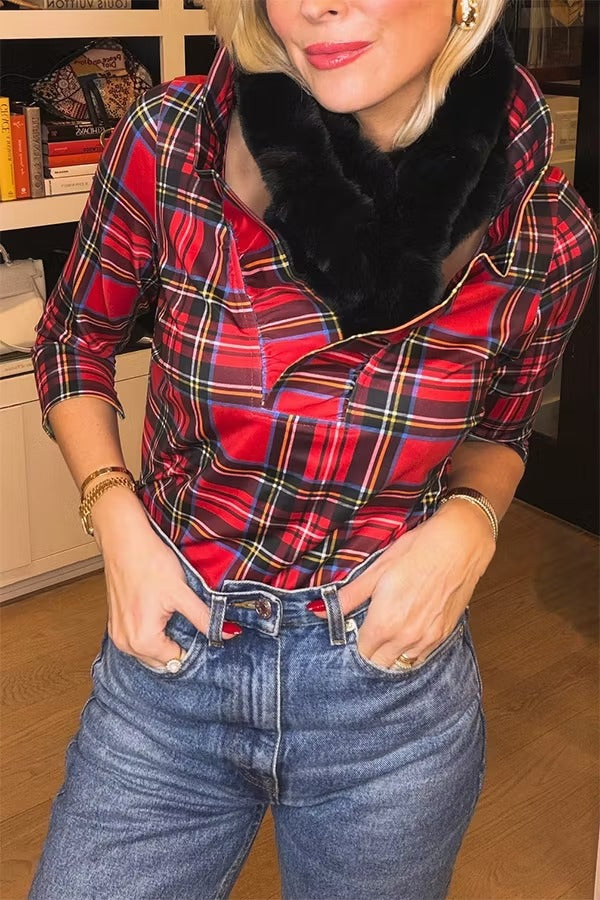 Duke of York Holiday Plaid Ruffle Stand Neck Half Sleeve Blouse