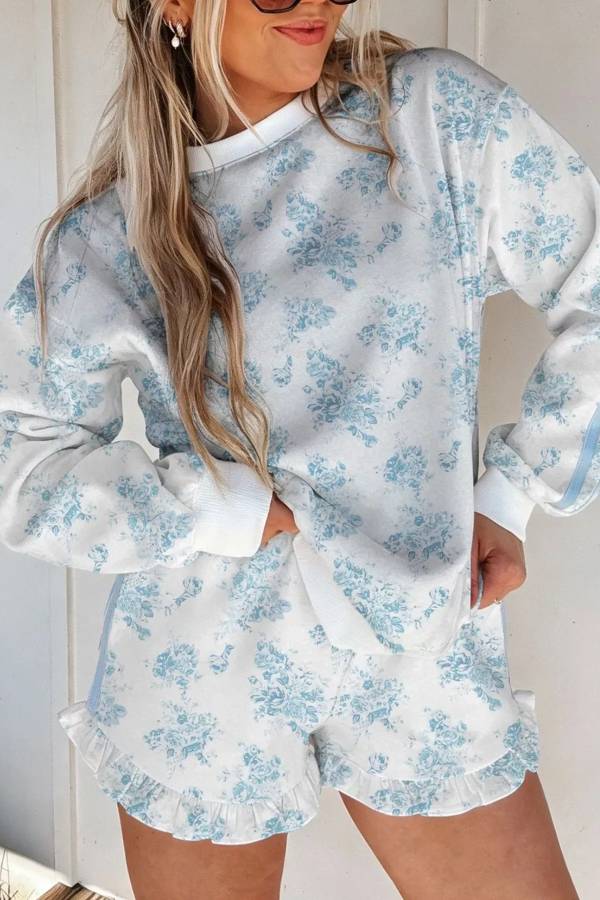 Floral Print Long Sleeve Sweatshirt and Shorts Set