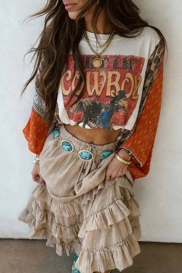 Western Cowboy Print Color‑Block Batwing Sleeve Crop Top