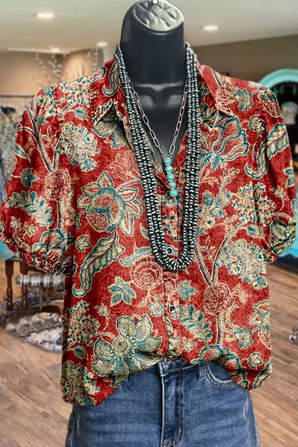 Retro Floral Print Collared Puff Sleeve Top