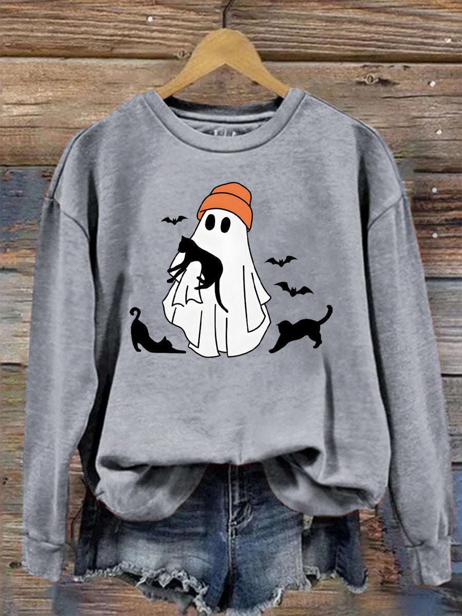 Sweat-shirt décontracté imprimé chat noir et fantôme d'Halloween