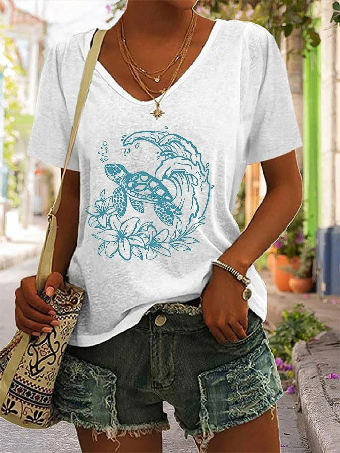 Women's Sea Turtle Print Beach Vacation Casual Sleeveless Tee