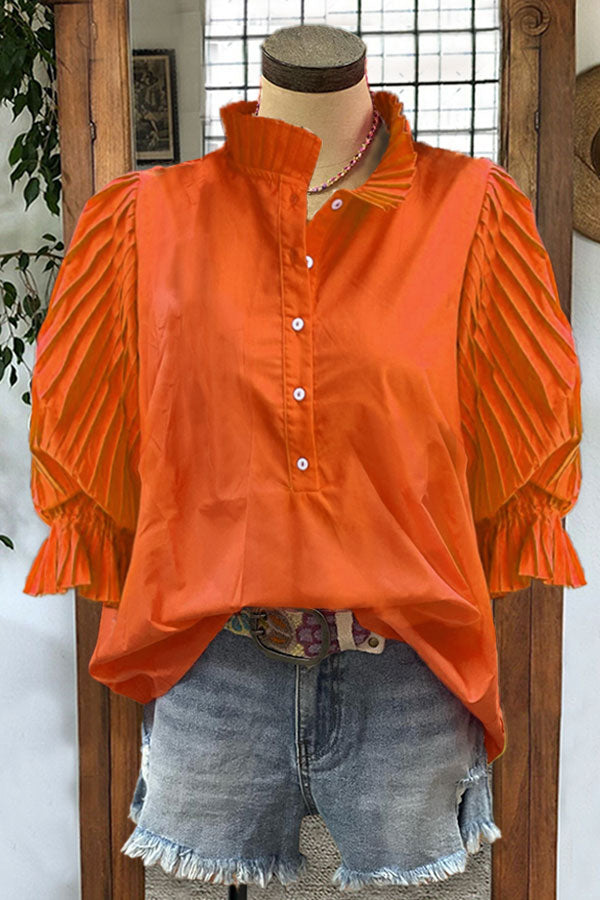 Cotton Pleated Sleeves Paneled Casual Blouse