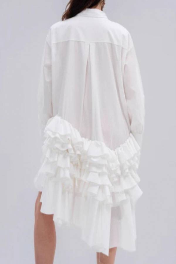 Deconstructed Asymmetrical Ruffle Shirt Dress High Low Oversized Long Sleeve Mini Gown