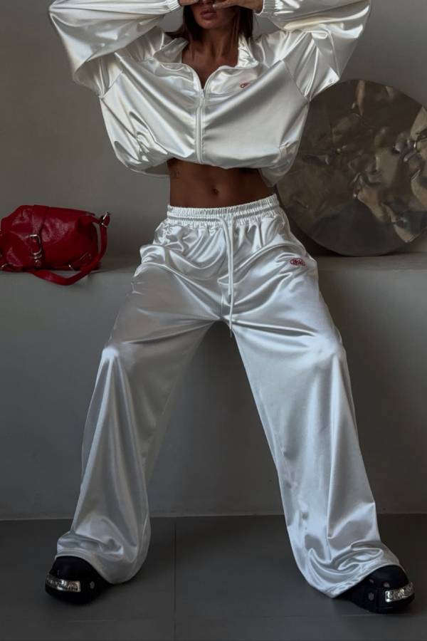 Shiny Satin Cropped Zip Jacket Wide Leg Track Pants Two Piece Y2K Casual Co-Ord Set