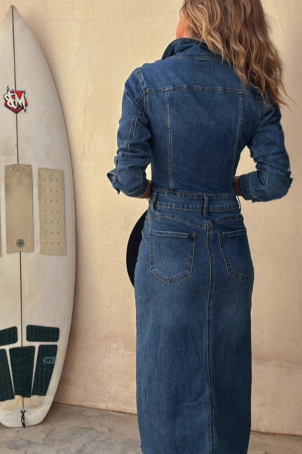 Tessy Denim Metal Button Zipper Shirt Stretch Pencil Slit Midi Dress