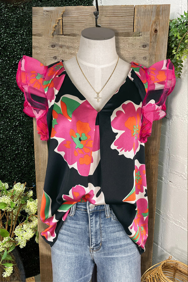 Casual Satin Ruffle Paneled Floral Print Top