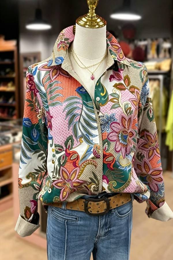 Multi Floral Print Collared Long Sleeve Blouse