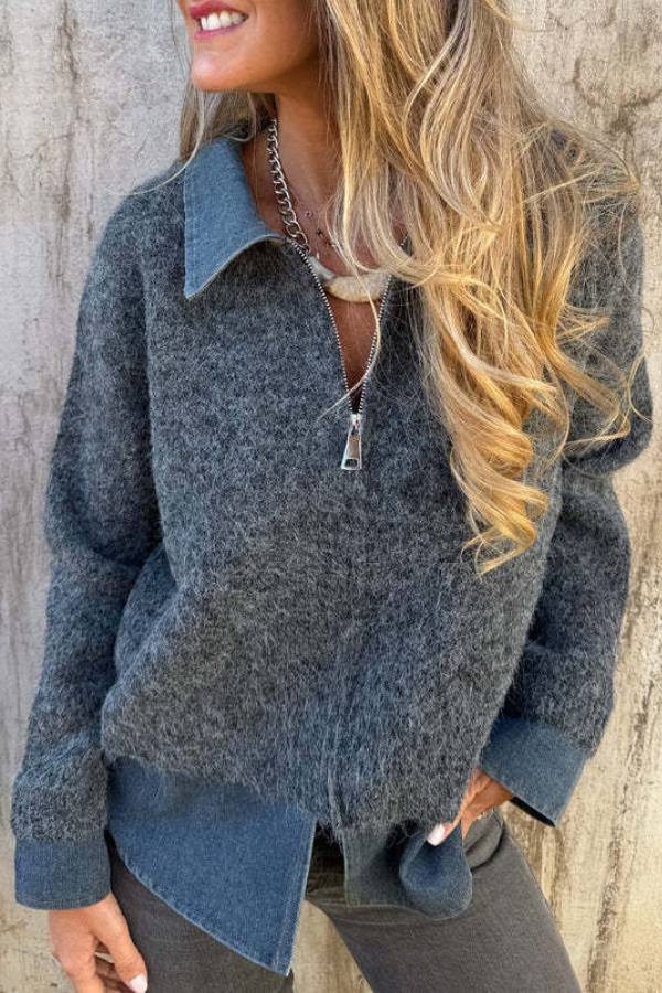 Denim Spliced Half Zip Faux-Not Two Piece Fluffy Sweater