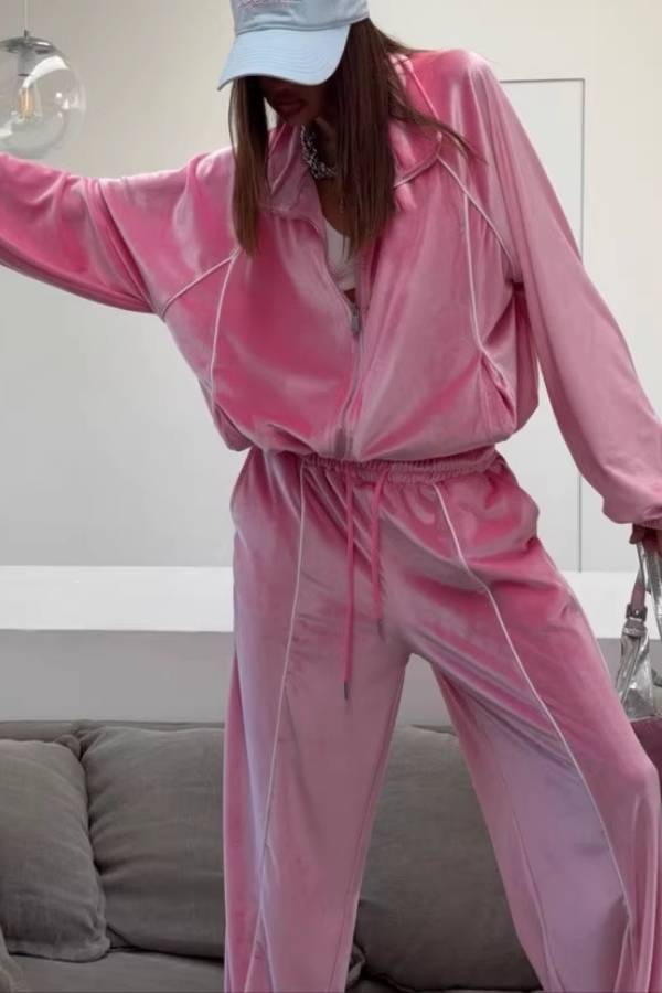 Contrast Piping Velvet Tracksuit 2 Piece Outfit
