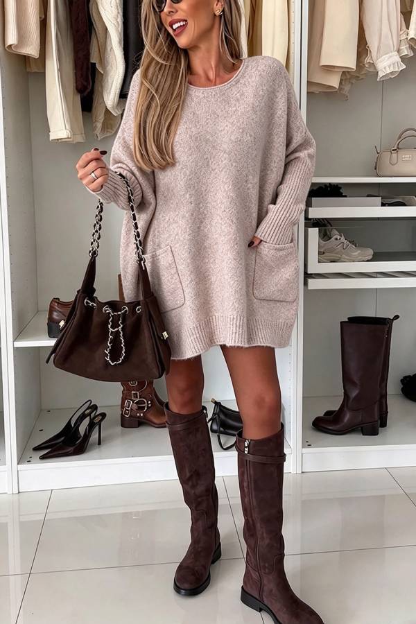Warm Touch Knit Long Batwing Sleeve Pocket Oversized Sweater Mini Dress