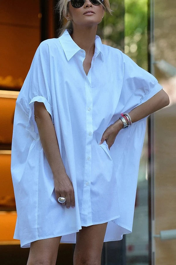 Tania Cotton Blend Button Up Wide Sleeve Oversized Long Shirt