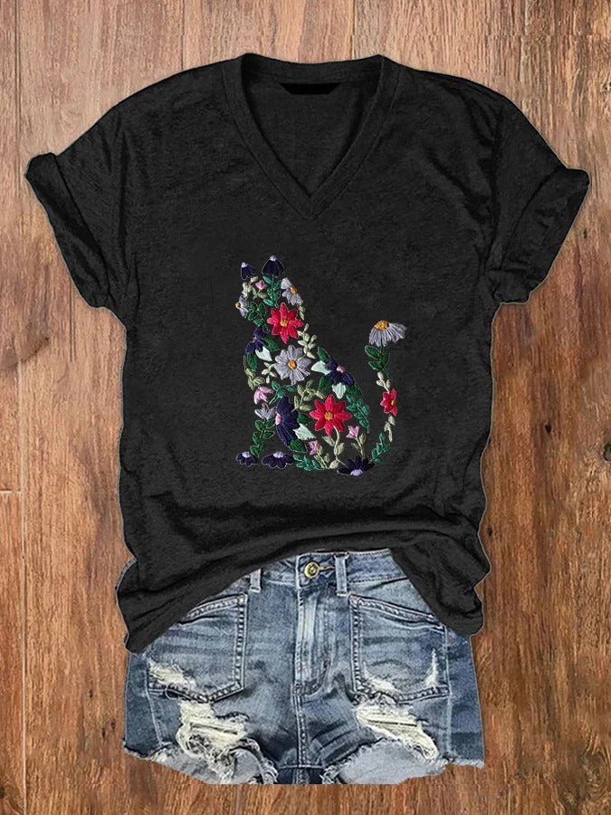Women's Cat Embroidery Print V-Neck T-Shirt