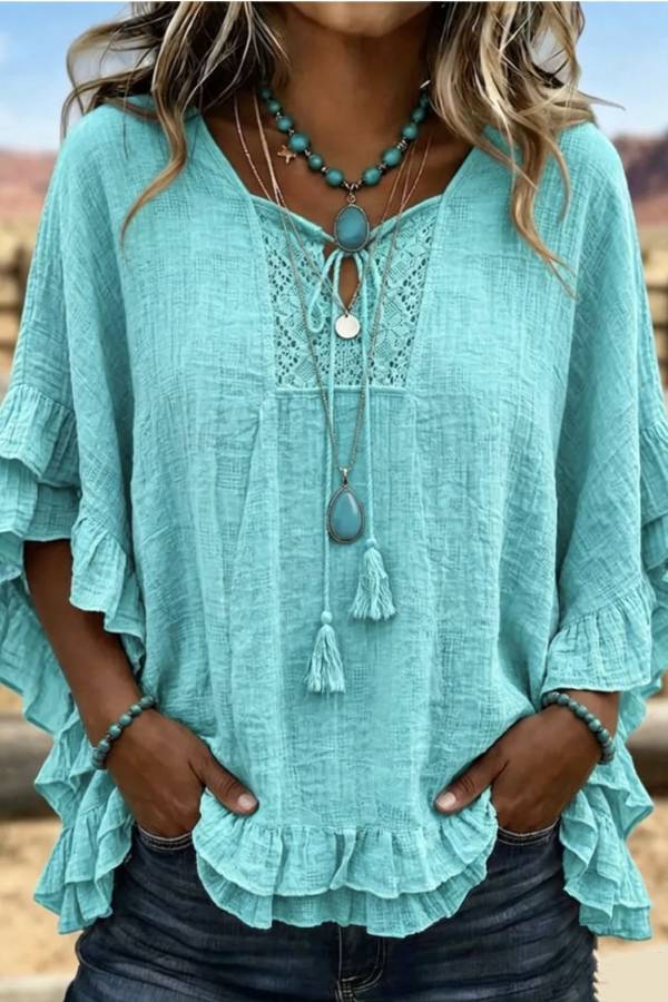 Boho Crochet Tie Tassel Ruffle Sleeve Loose Cotton-Linen Blouse