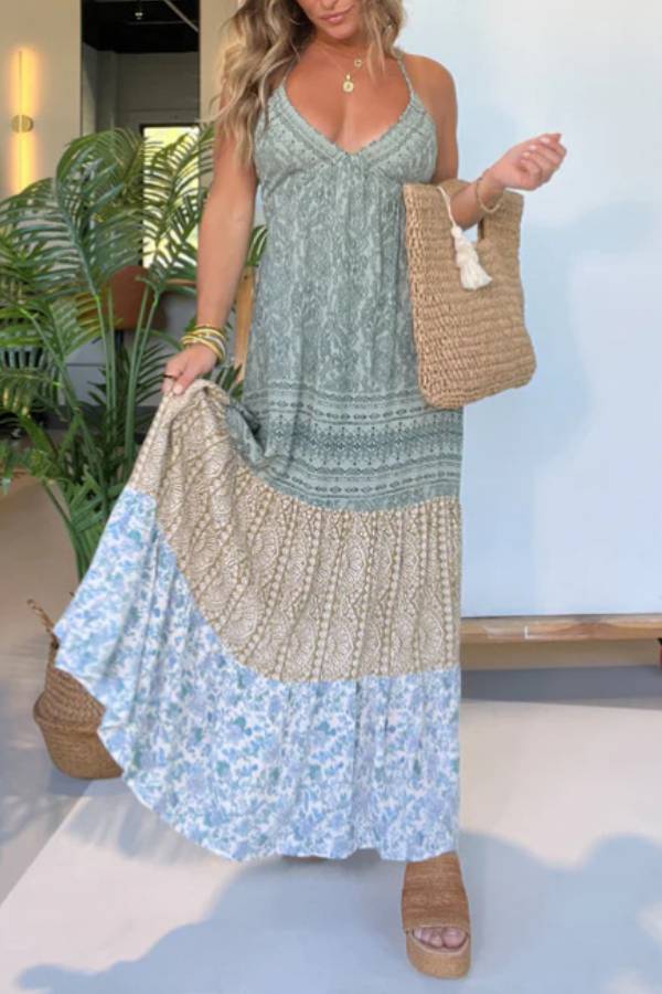 Boho Patchwork Print Halter Maxi Dress