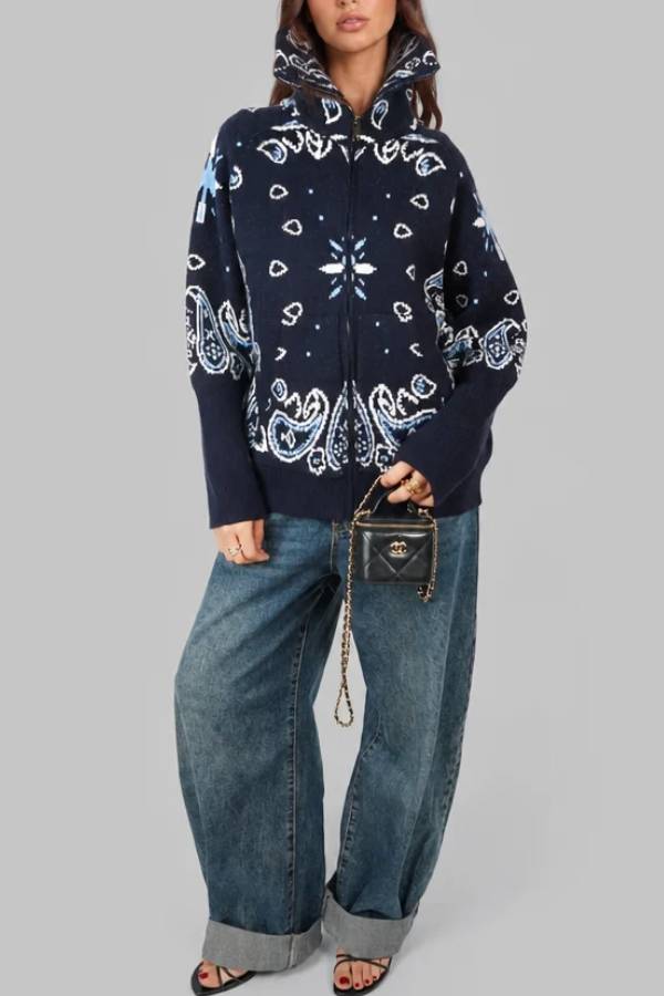 Paisley Bandana Print High Collar Zip Up Knit Cardigan