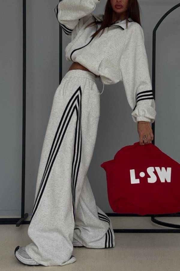 Side Stripe Cropped Zip Sweatshirt Wide Leg Pants Two Piece Set