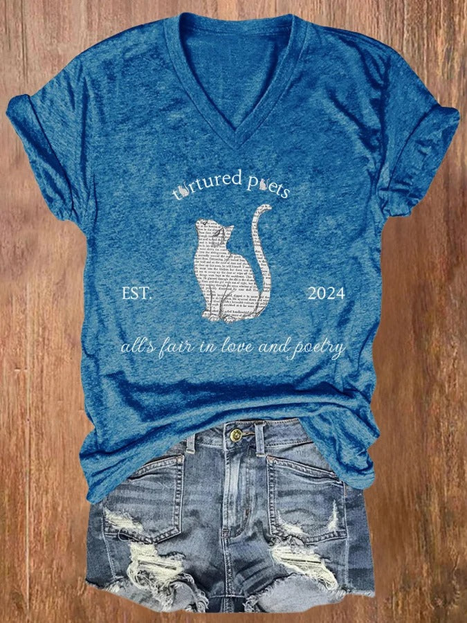 Women's All’s Fair In Love And Poetry Print Casual V Neck T-shirt