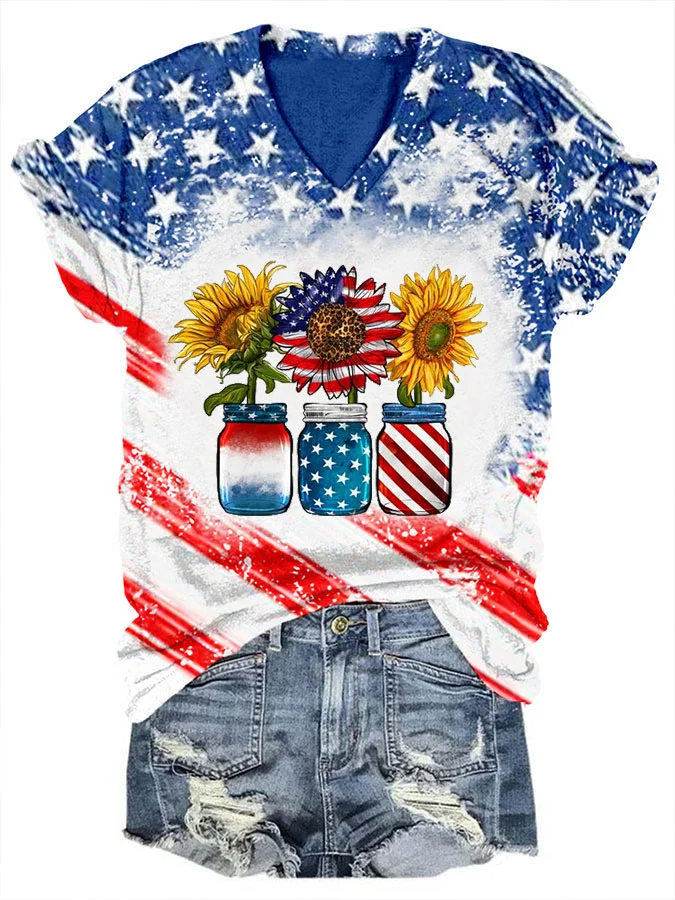 Women's America Sunflower USA Flag Flower Print T-Shirt