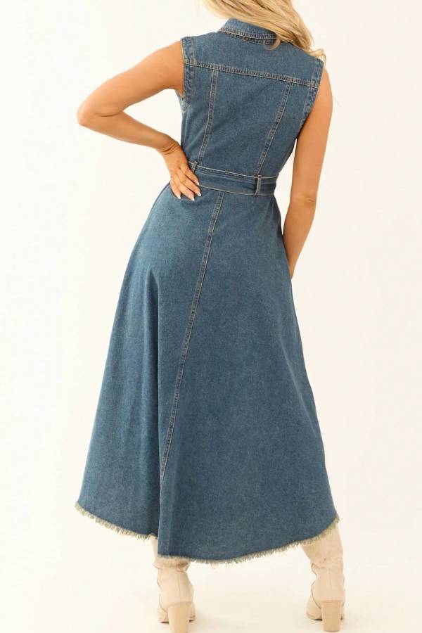 Sleeveless Collared Denim Belted Waist Irregular Raw Hem Midi Dress