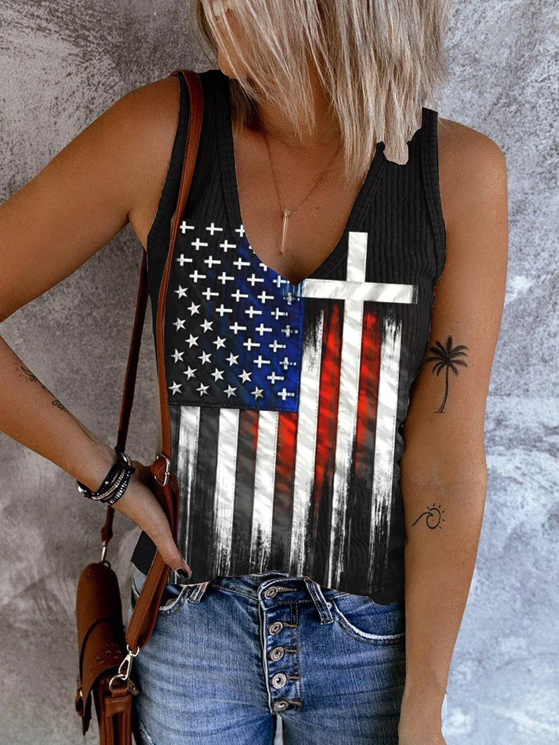 Women's Vintage Flag Independence Day Printed Casual Tank Top