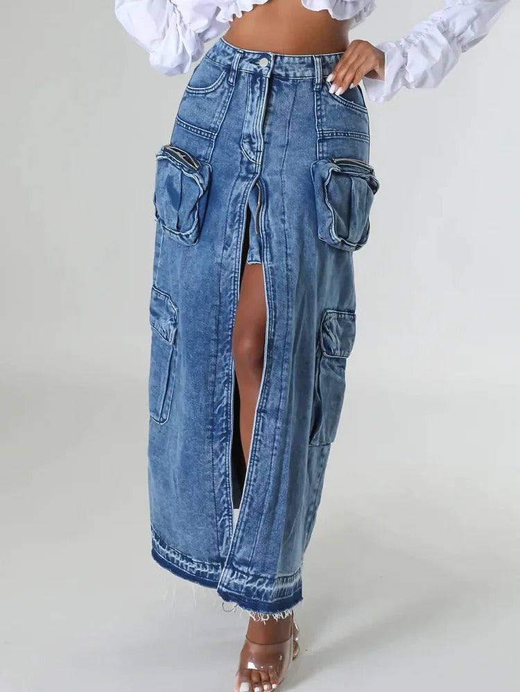 Denim Daily High Front Slit Pockets Maxi Skirt