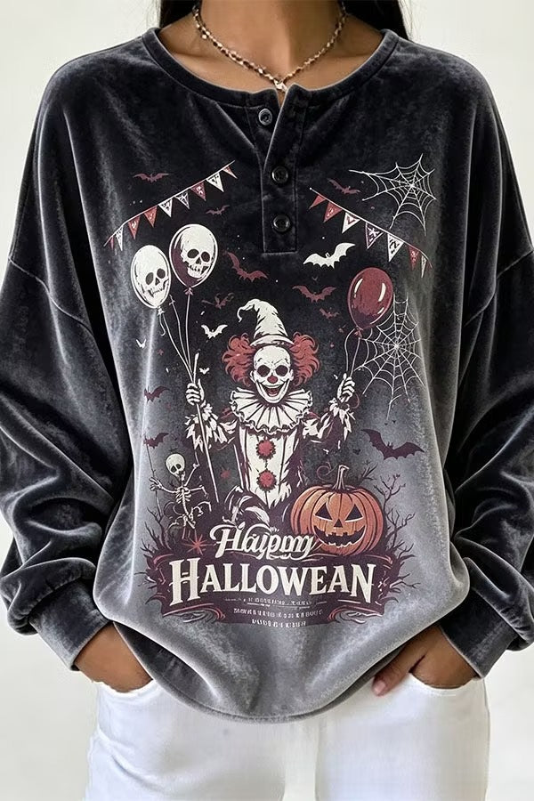 Spooky Season Velvet Long Sleeve Halloween Shirt with Buttons