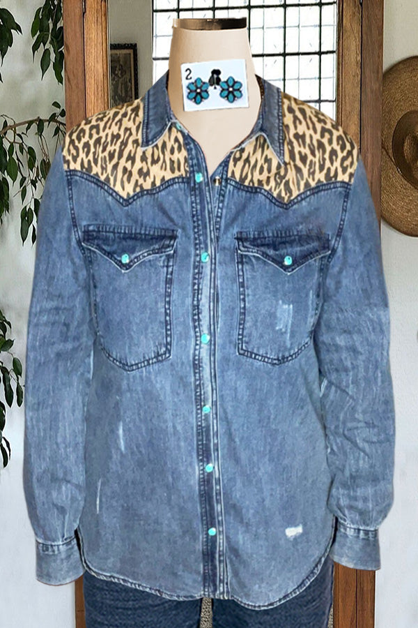 Leopard-print Panel Denim Top