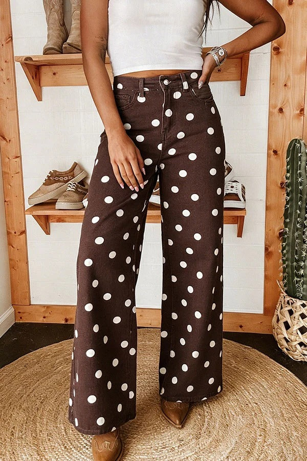 Retro Style Polka Dot Print High Waist Pocketed Wide Leg High Waisted Jeans