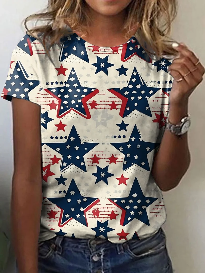 Women's Independence Day Flag Star Print Crew Neck T-Shirt