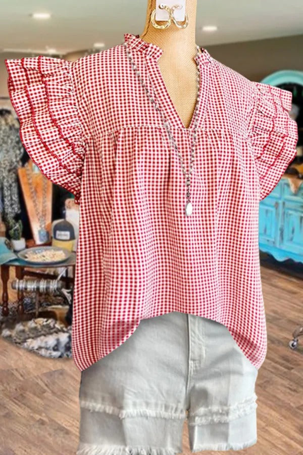 Gingham V-Neck Layered Ruffle Sleeve Top