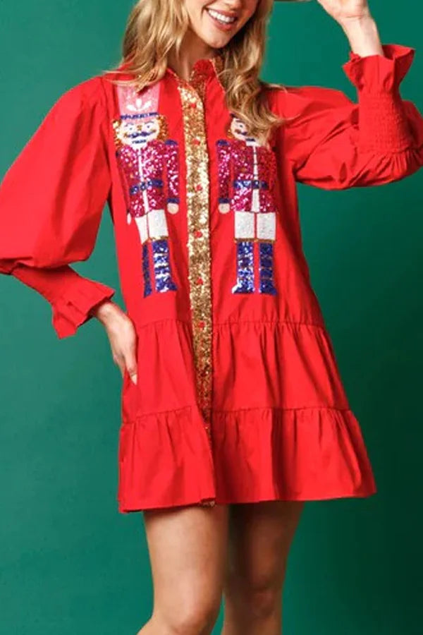 Colorful Sequin Nutcracker Pacth Long Sleeve Dress