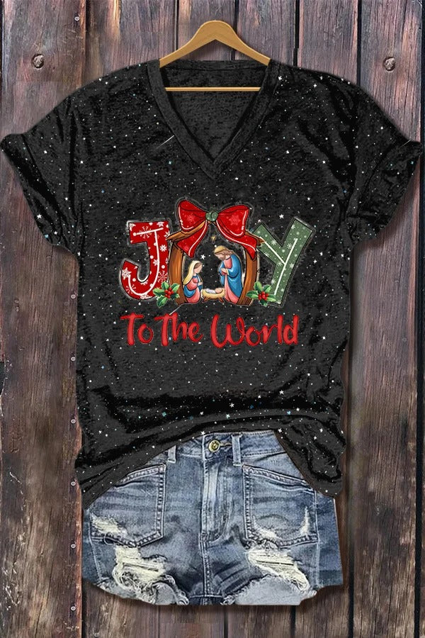 Joy To The World Print V-Neck Tee