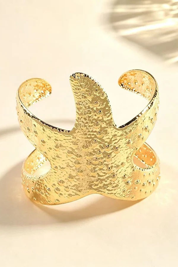 Hammered-finish Starfish Motif Wide Bracelet