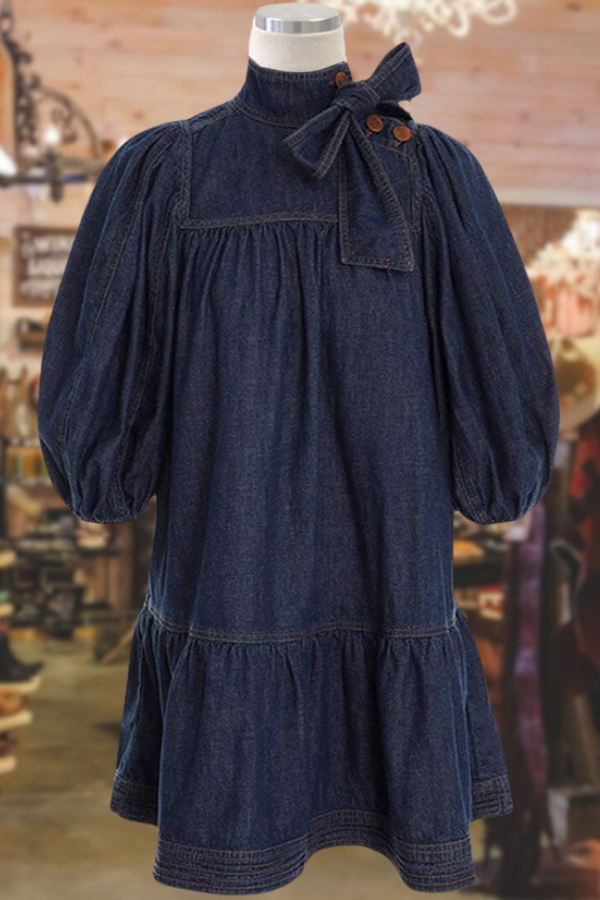 Ruffled Hem Bow Denim Dress